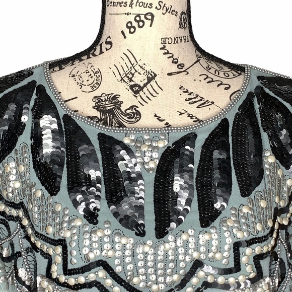 VTG Top Shop Flapper Great Gatsby Teal Blue Beaded Sequin Short Sleeve Tunic 2 - Picture 6 of 16